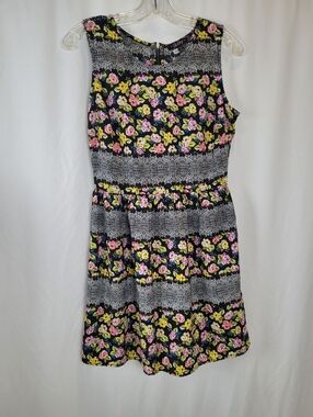 BeBop Black Floral Lace-Stripe Mini Dress with Pink and Yellow Flowers